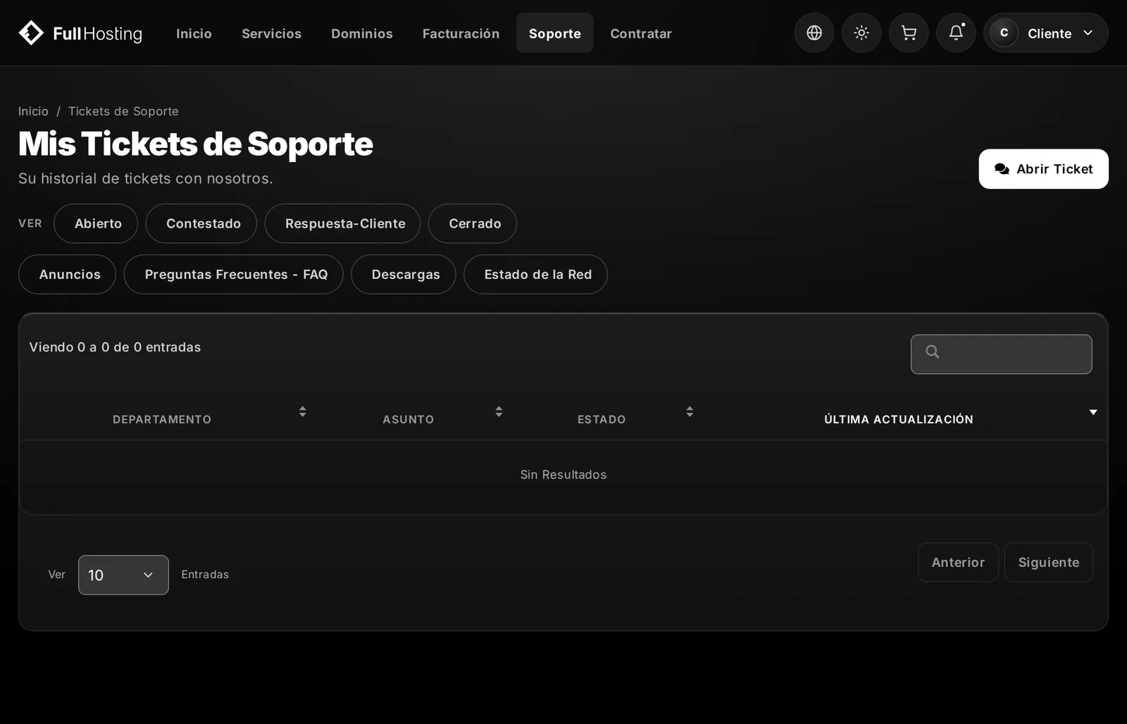 Lista Mis Tickets de Soporte con los filtros por estado