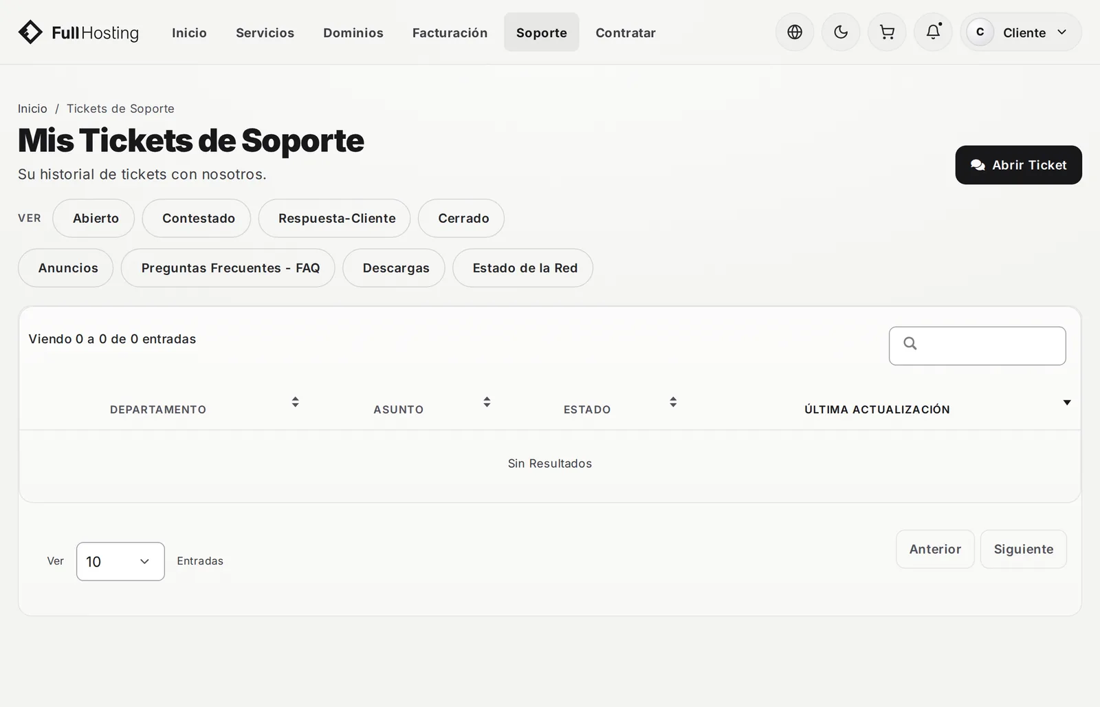 Lista Mis Tickets de Soporte con los filtros por estado