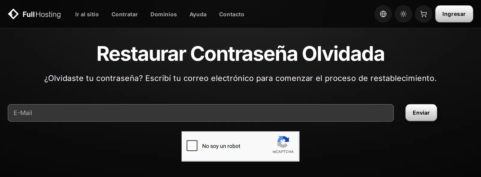 Formulario Restaurar Contraseña Olvidada con el campo E-Mail