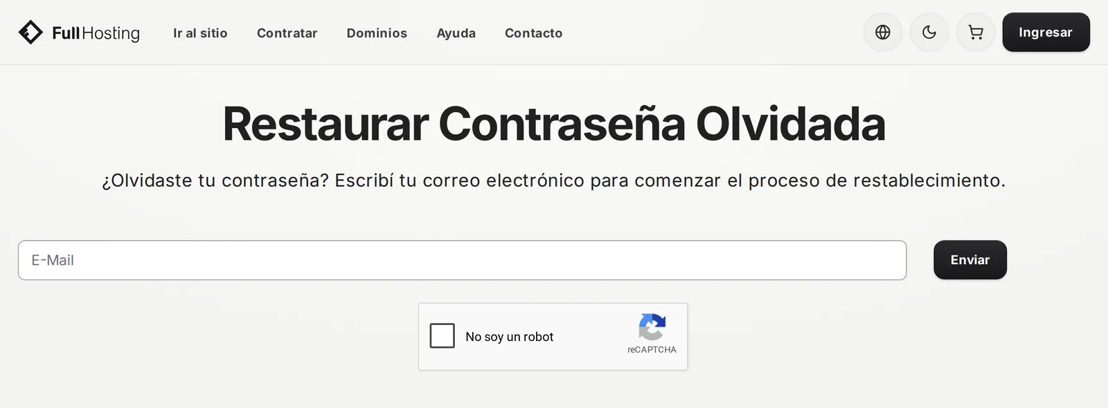 Formulario Restaurar Contraseña Olvidada con el campo E-Mail