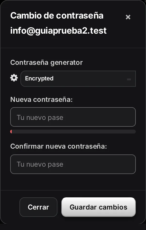 Ventana Cambio de contraseña de una casilla de correo