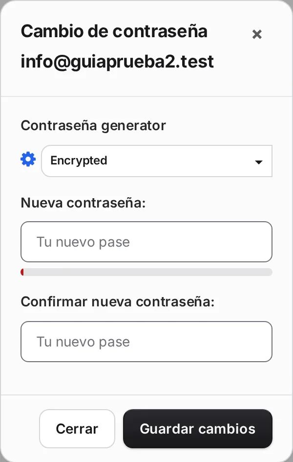 Ventana Cambio de contraseña de una casilla de correo