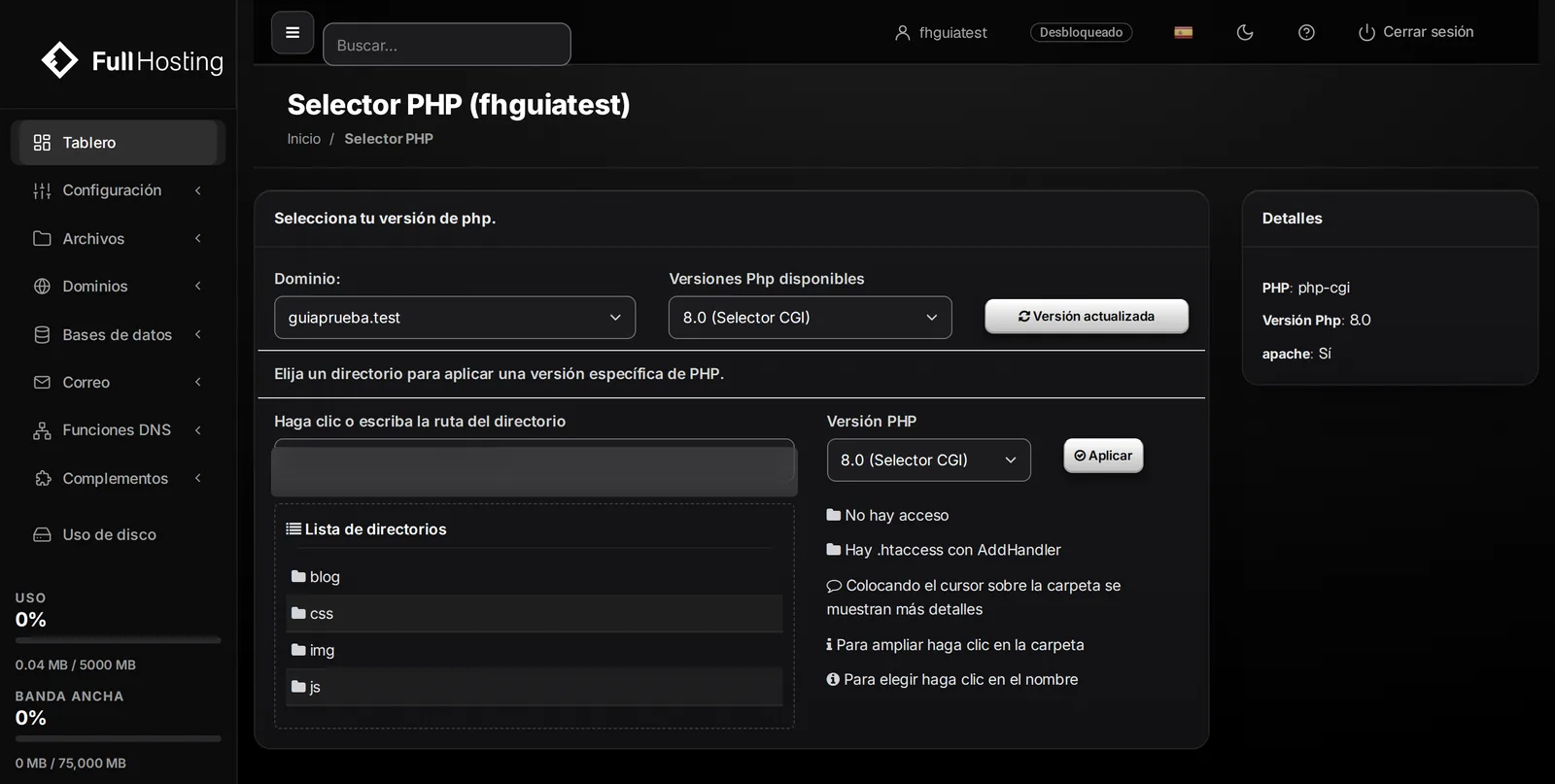 Página Selector PHP con las versiones disponibles y el recuadro Detalles