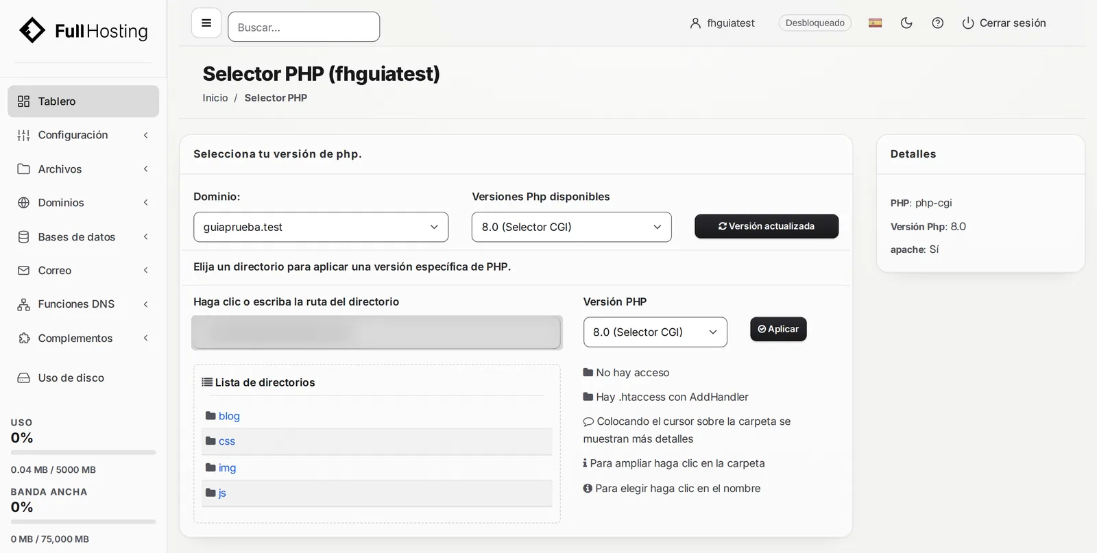 Página Selector PHP con las versiones disponibles y el recuadro Detalles