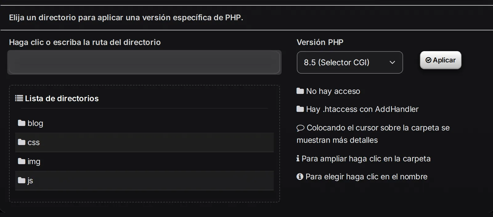 Selector de carpeta con la Lista de directorios y la Versión PHP