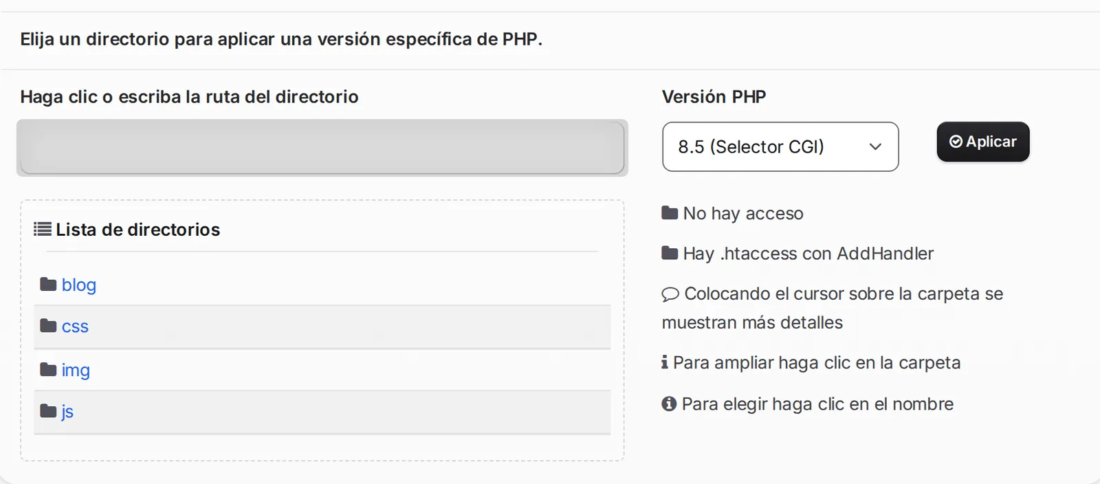 Selector de carpeta con la Lista de directorios y la Versión PHP