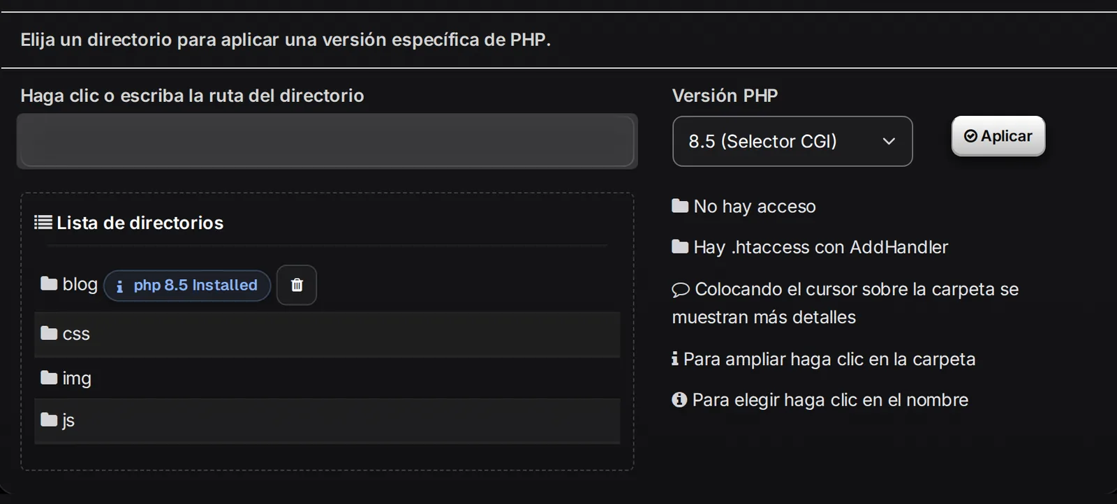 Versión de PHP aplicada a la carpeta elegida
