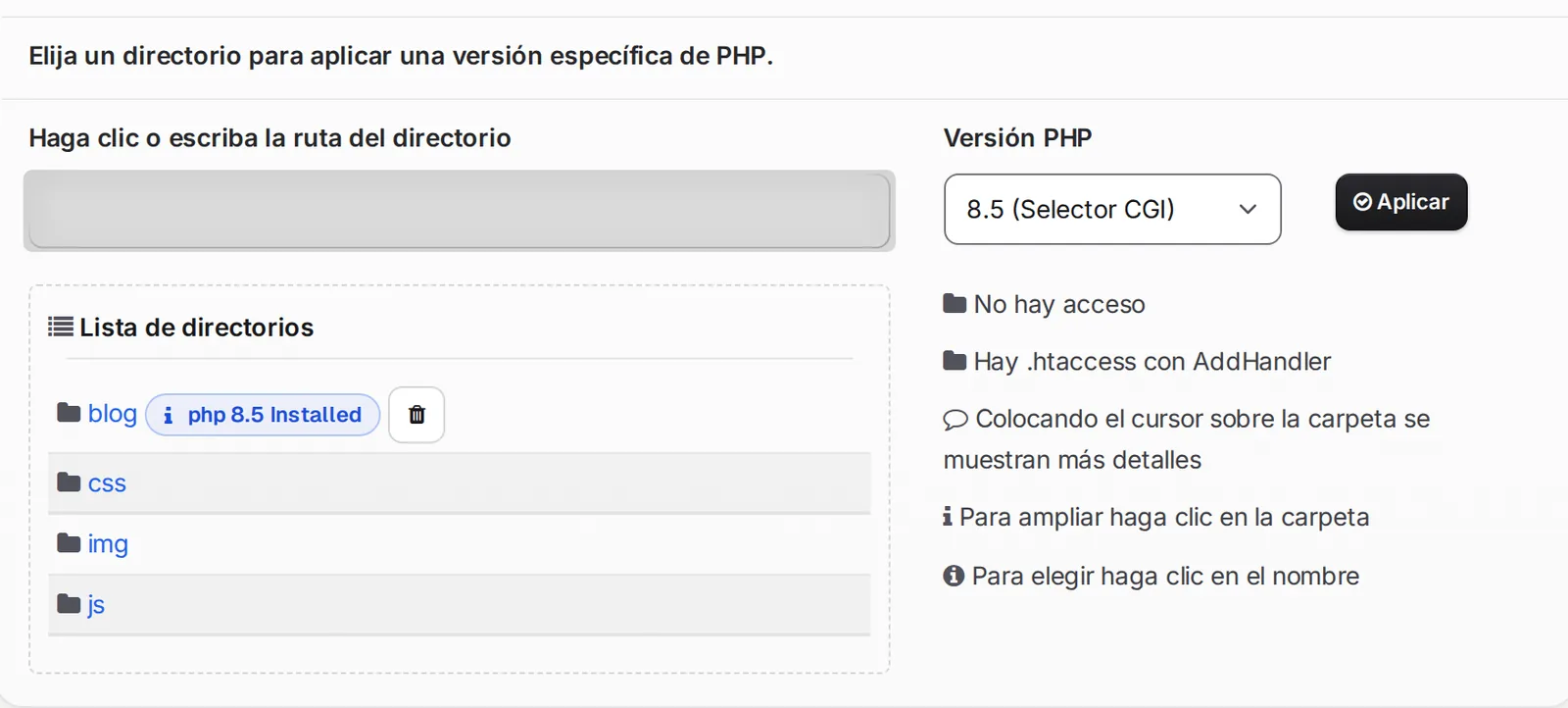 Versión de PHP aplicada a la carpeta elegida