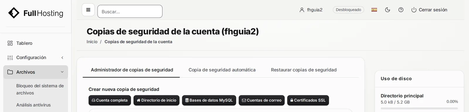 Pestaña Administrador de copias de seguridad con los tipos de copia