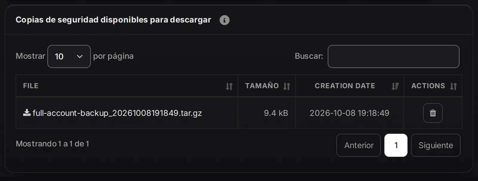 Lista Copias de seguridad disponibles para descargar con las copias creadas