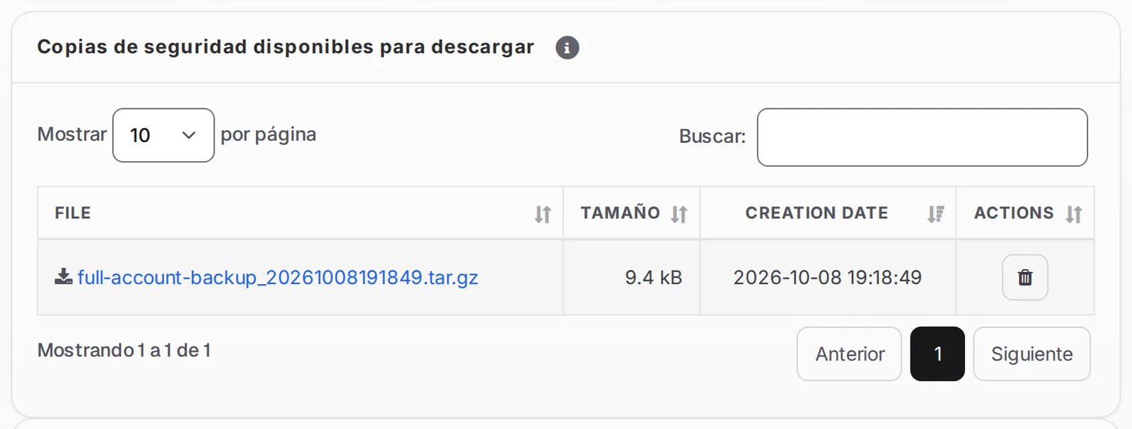 Lista Copias de seguridad disponibles para descargar con las copias creadas
