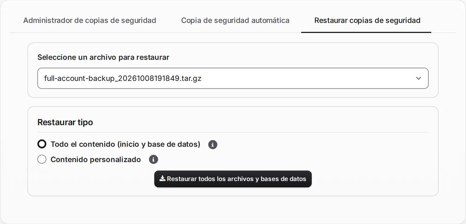 Pestaña Restaurar copias de seguridad con una copia elegida y el tipo de restauración