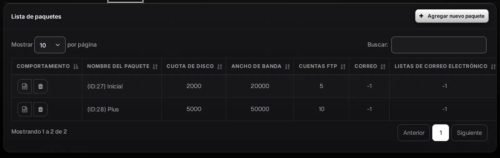 Lista de paquetes con el botón Agregar nuevo paquete