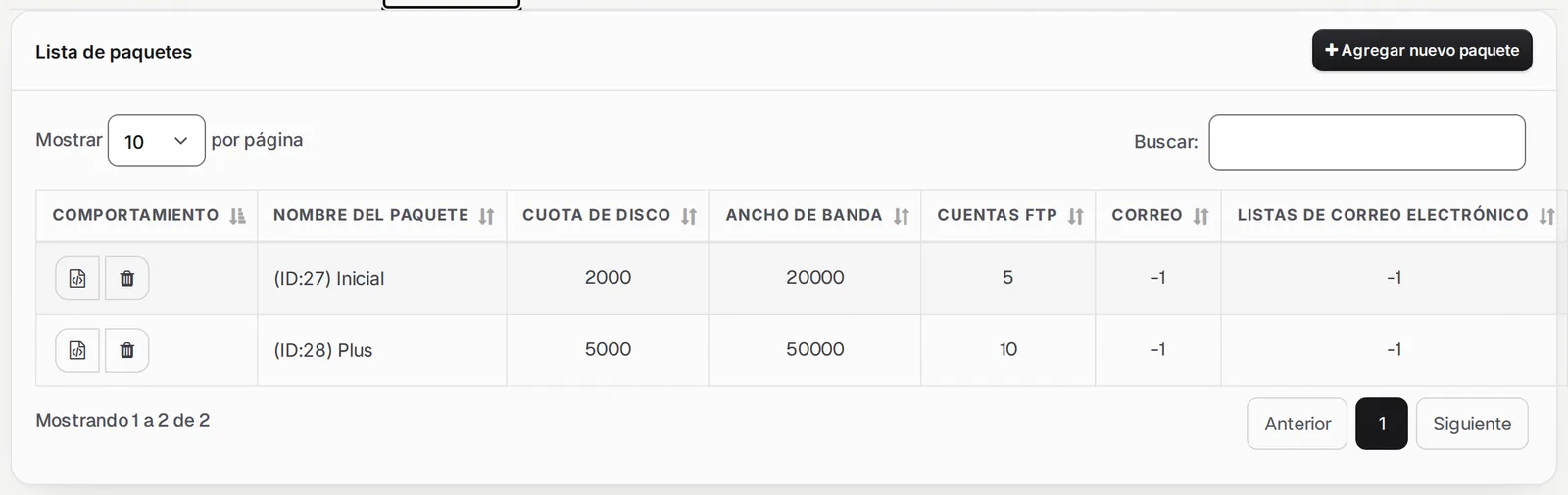 Lista de paquetes con el botón Agregar nuevo paquete