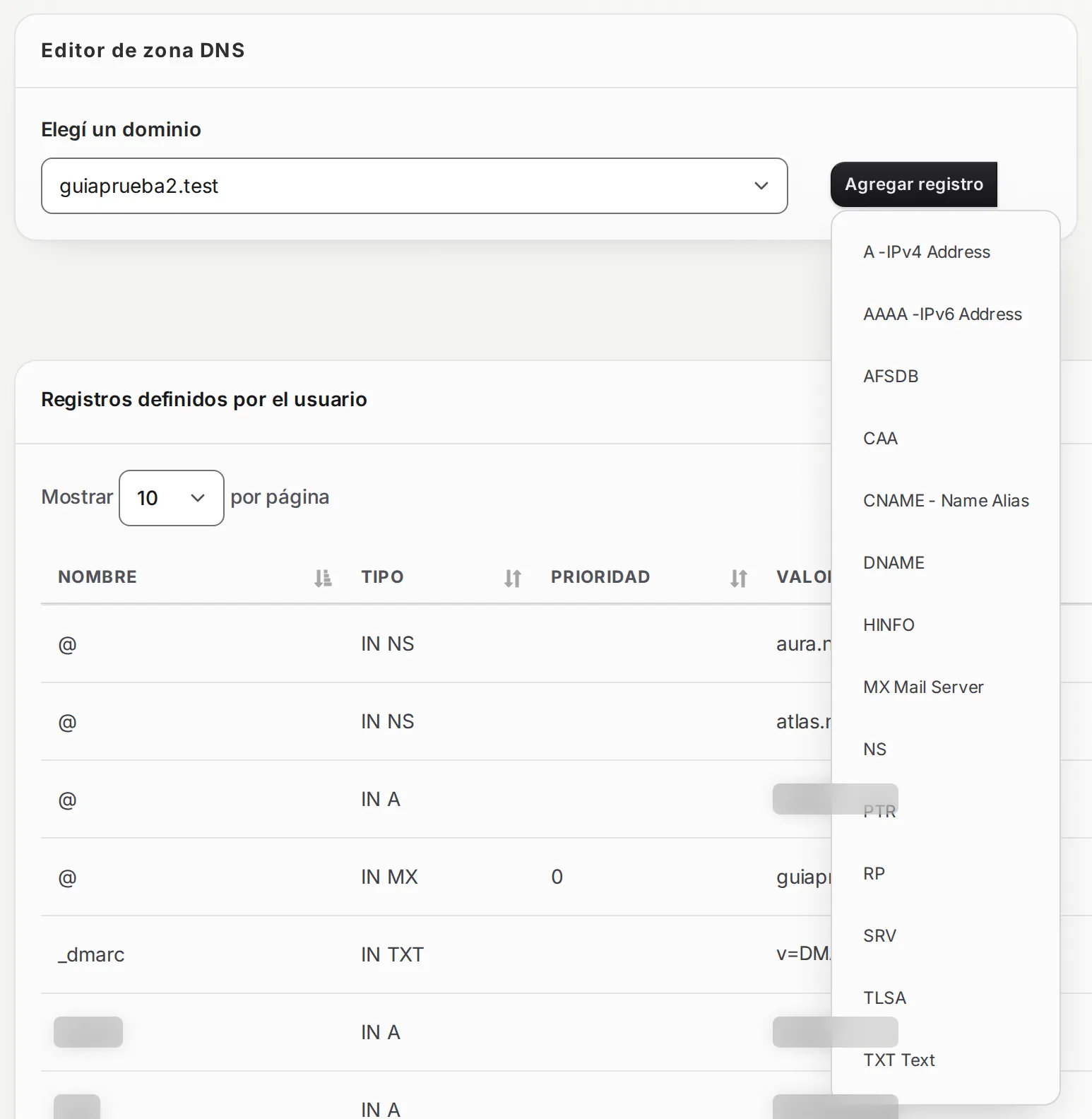 Botón Agregar registro abierto con la lista de tipos: A, AAAA, CAA, CNAME, MX, TXT y otros