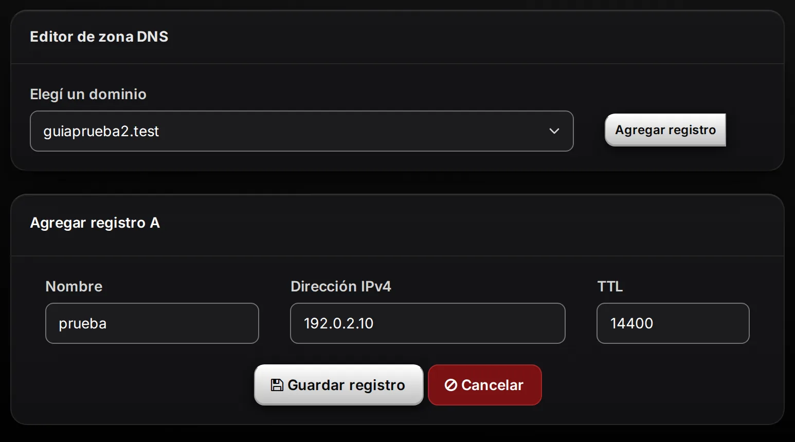 Formulario Agregar registro A con Nombre, Dirección IPv4 y TTL