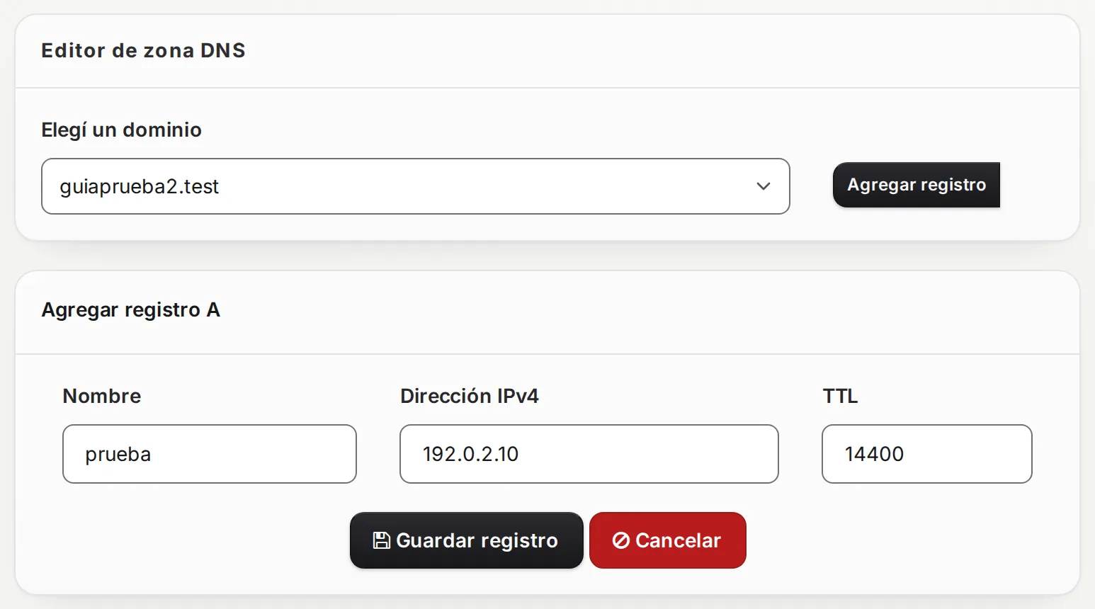 Formulario Agregar registro A con Nombre, Dirección IPv4 y TTL