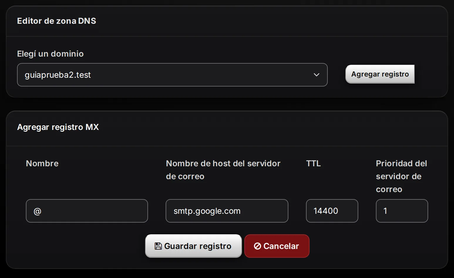 Formulario Agregar registro MX con @, smtp.google.com, TTL 14400 y prioridad 1