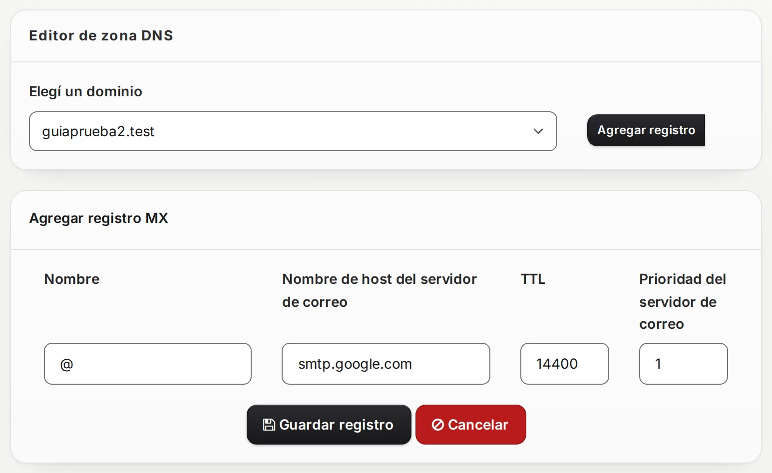 Formulario Agregar registro MX con @, smtp.google.com, TTL 14400 y prioridad 1