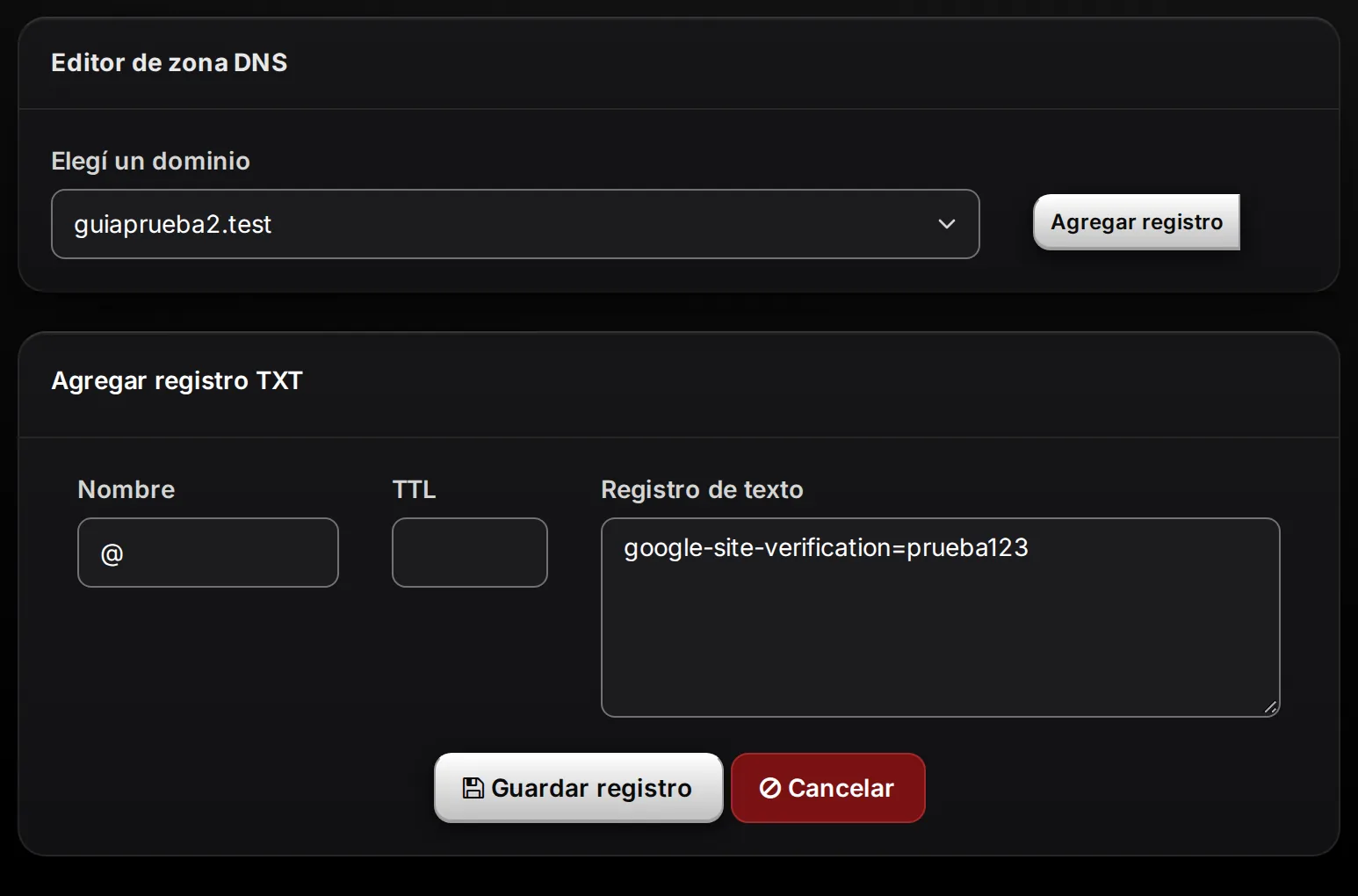 Formulario Agregar registro TXT con Nombre, TTL y Registro de texto