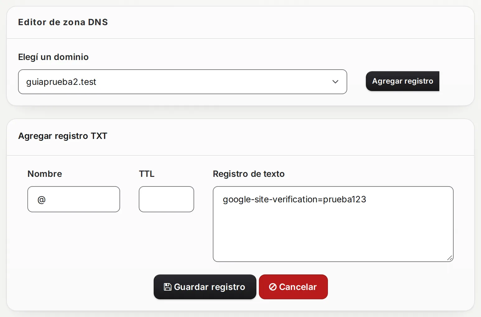 Formulario Agregar registro TXT con Nombre, TTL y Registro de texto