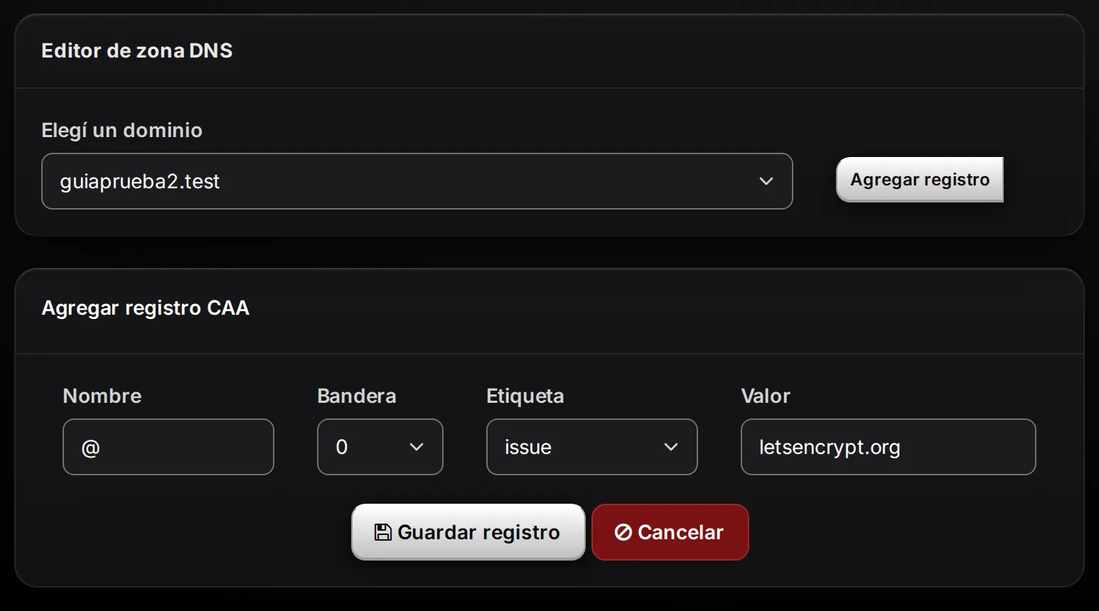 Formulario Agregar registro CAA con Bandera 0, Etiqueta issue y Valor letsencrypt.org