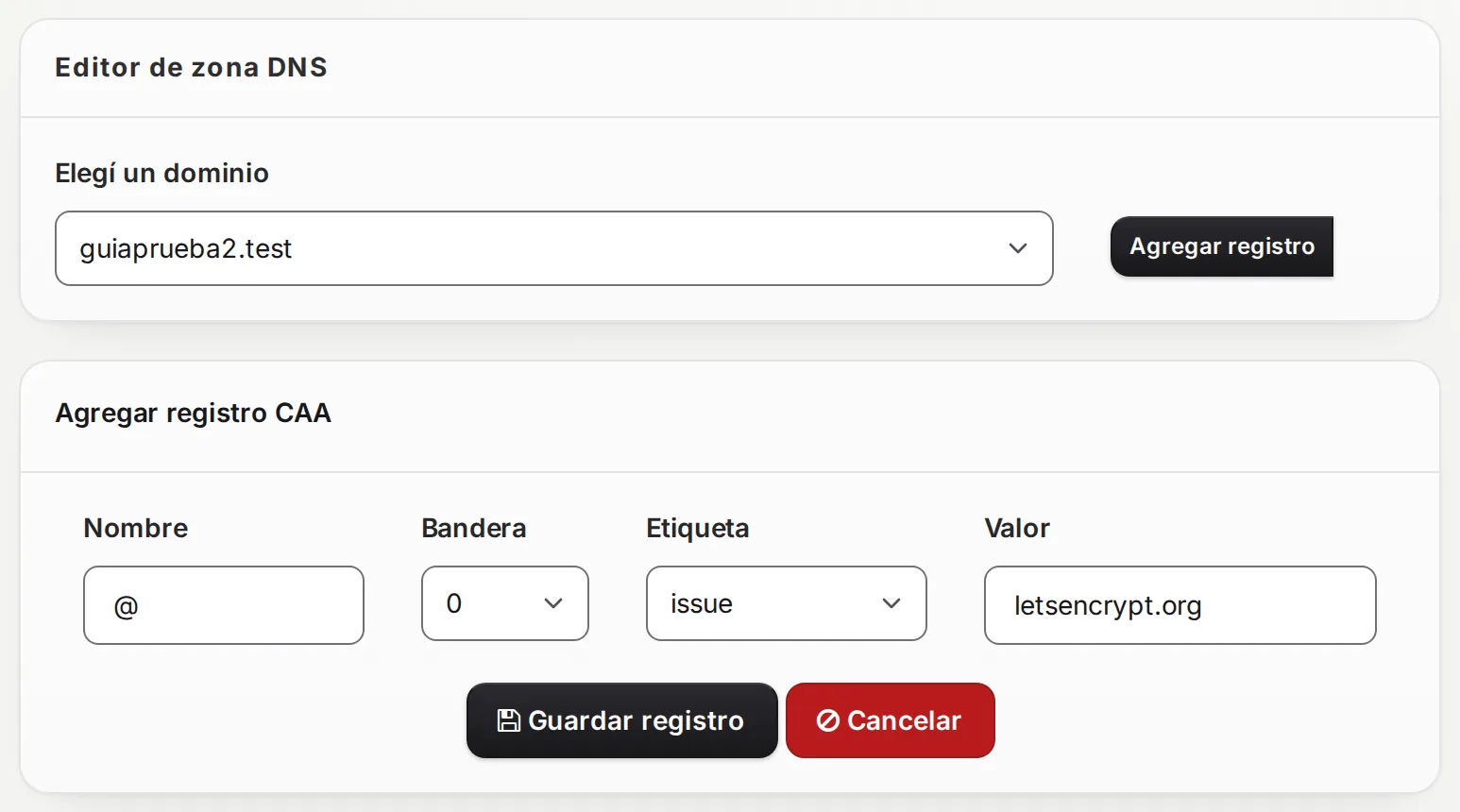Formulario Agregar registro CAA con Bandera 0, Etiqueta issue y Valor letsencrypt.org
