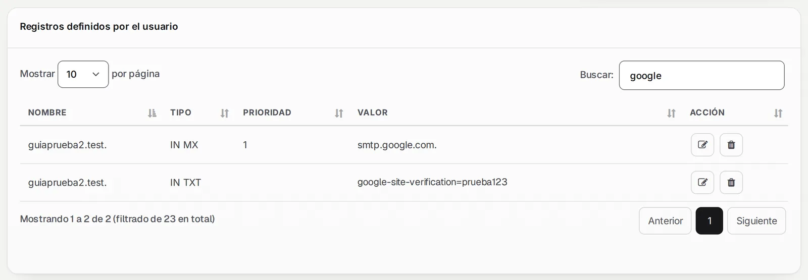 Lista Registros definidos por el usuario filtrada por google, con el MX y el TXT nuevos