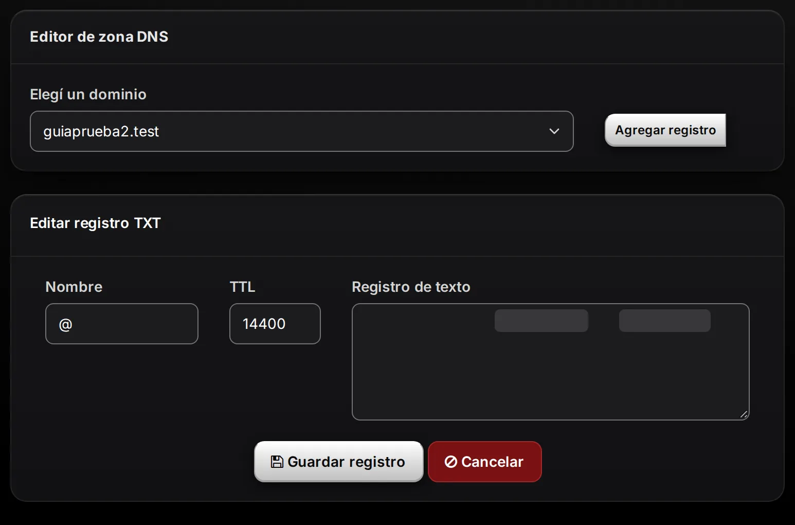 Formulario Editar registro TXT con el SPF y include:_spf.google.com antes de ~all