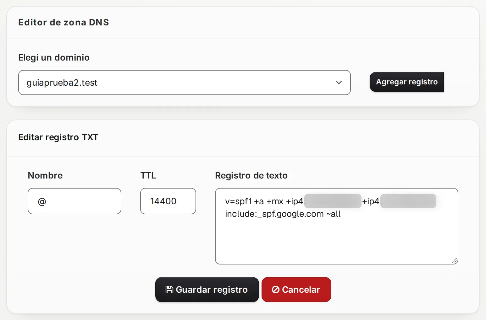 Formulario Editar registro TXT con el SPF y include:_spf.google.com antes de ~all