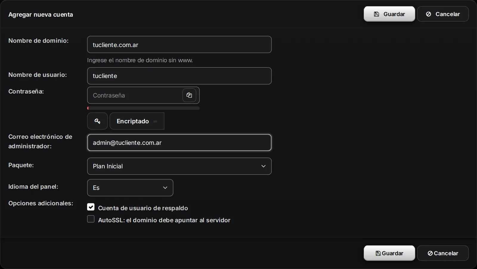Formulario Agregar nueva cuenta con las opciones Cuenta de usuario de respaldo y AutoSSL