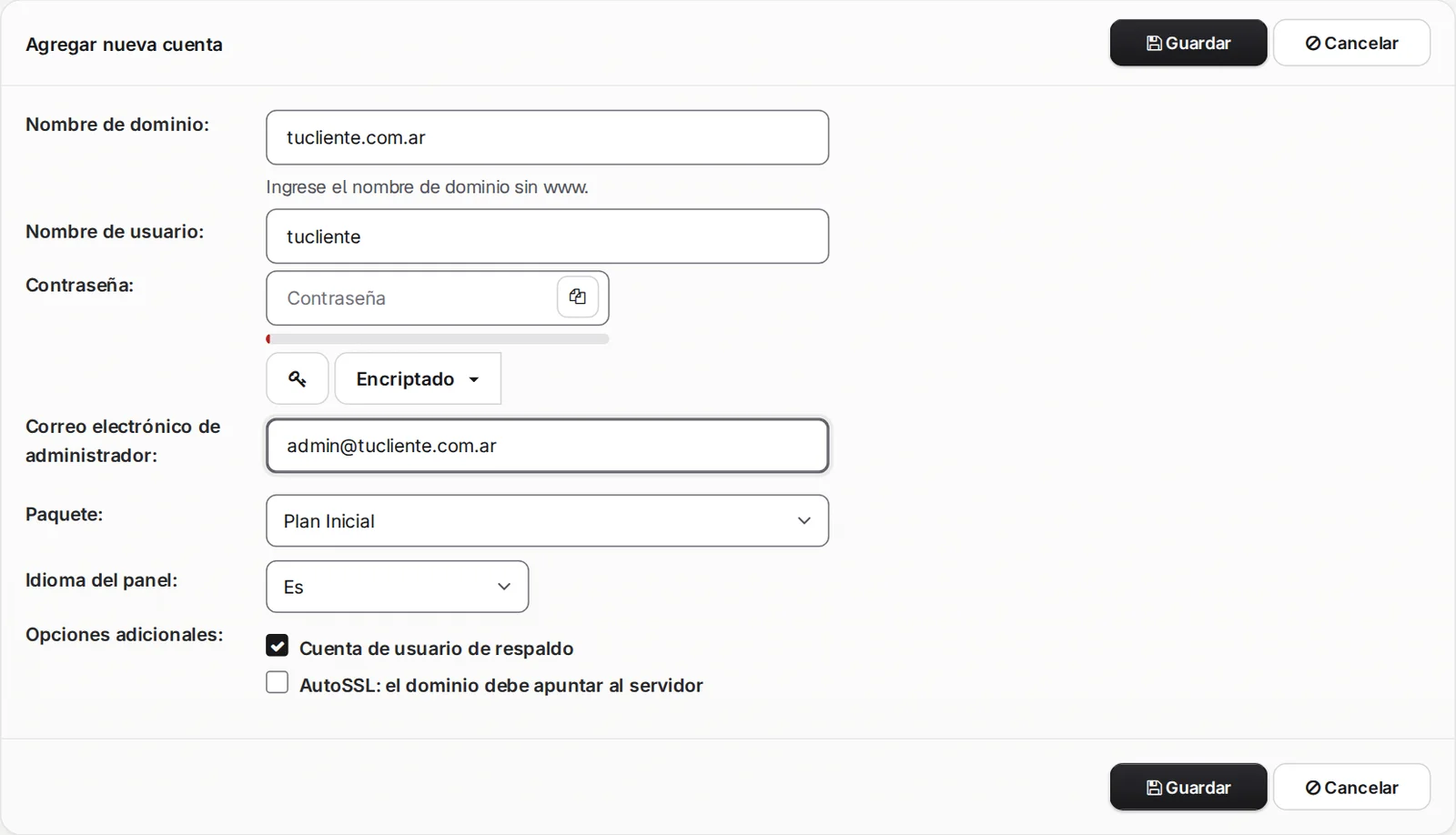 Formulario Agregar nueva cuenta con las opciones Cuenta de usuario de respaldo y AutoSSL
