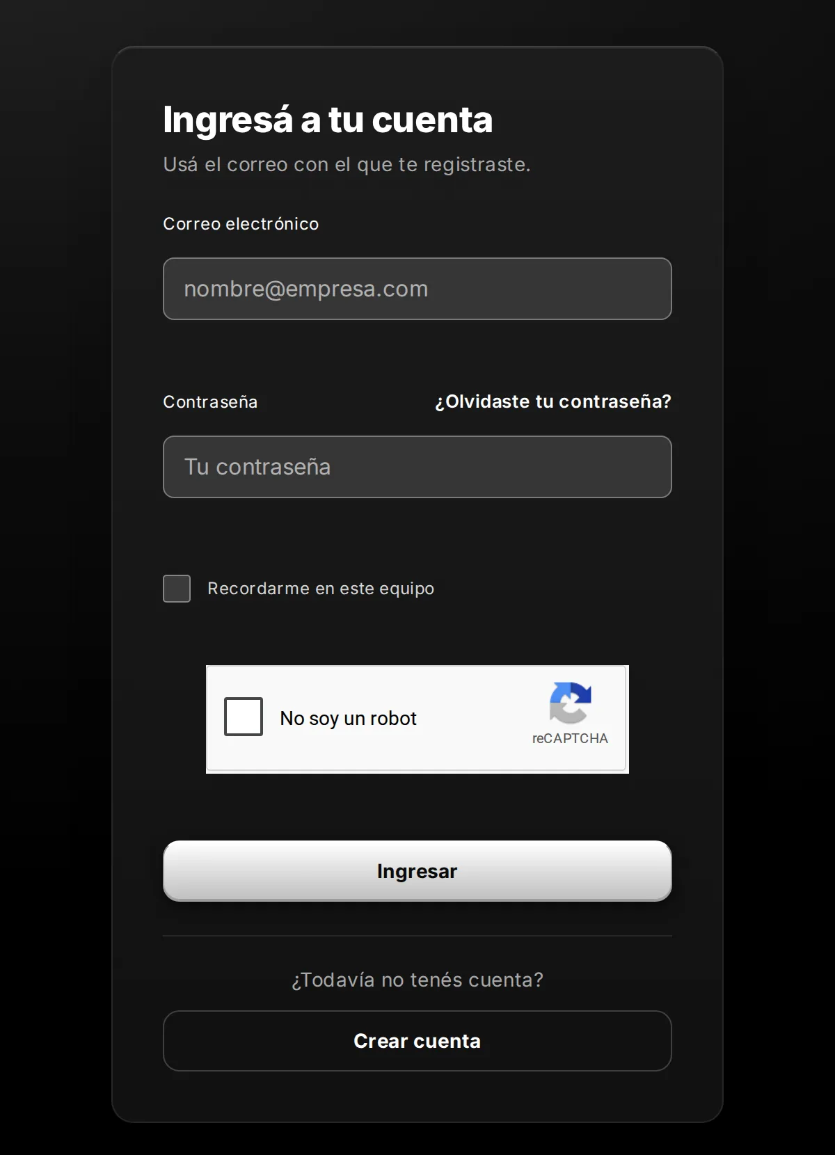 Formulario para ingresar al área de clientes, con los campos Correo electrónico y Contraseña