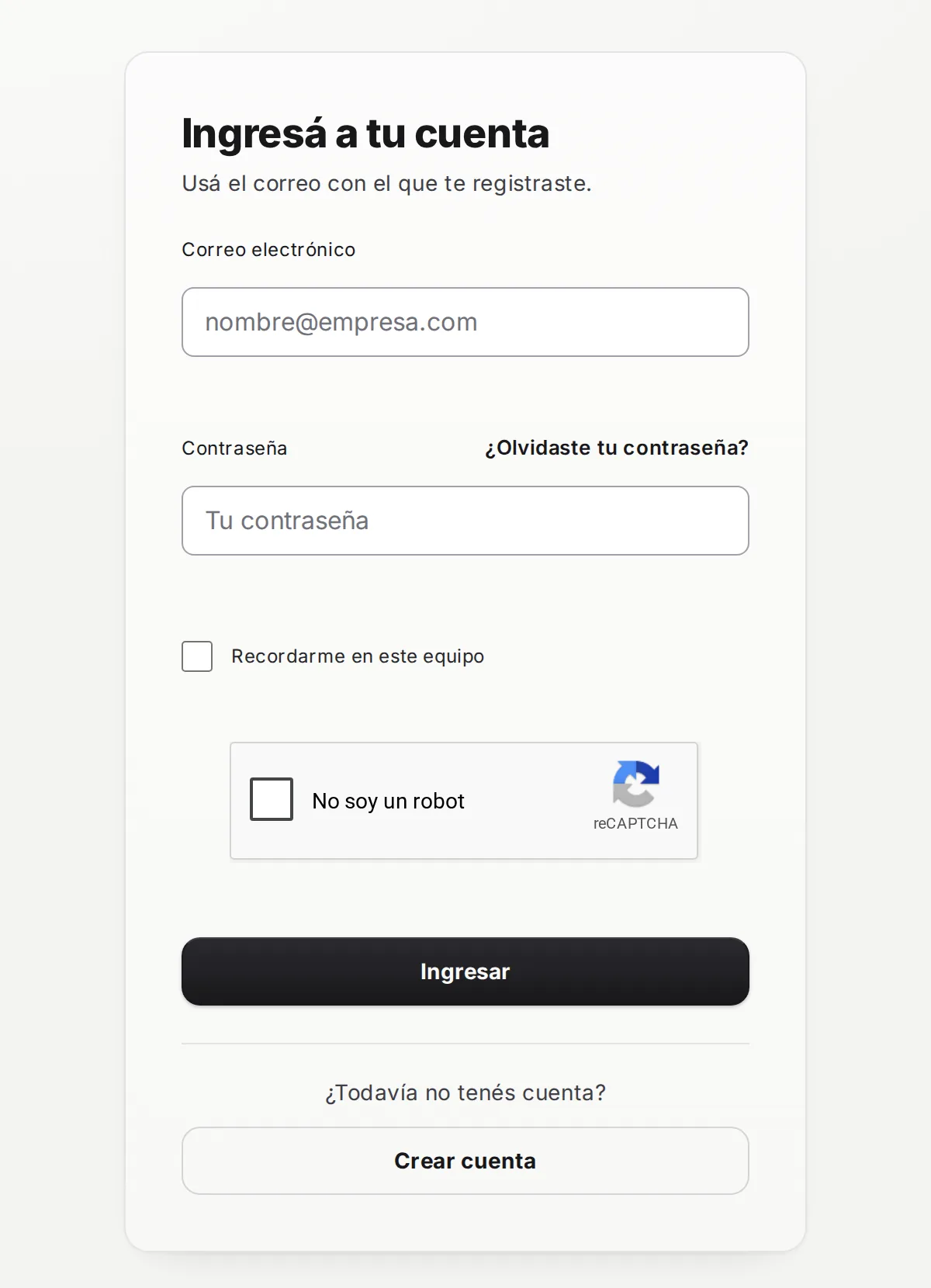 Formulario para ingresar al área de clientes, con los campos Correo electrónico y Contraseña