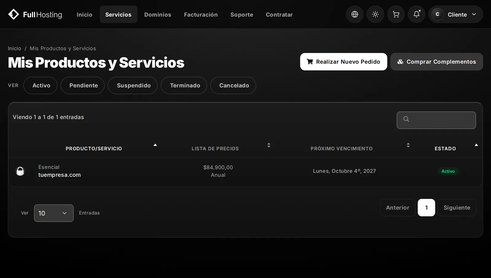 Lista Mis Productos y Servicios con un plan de hosting activo