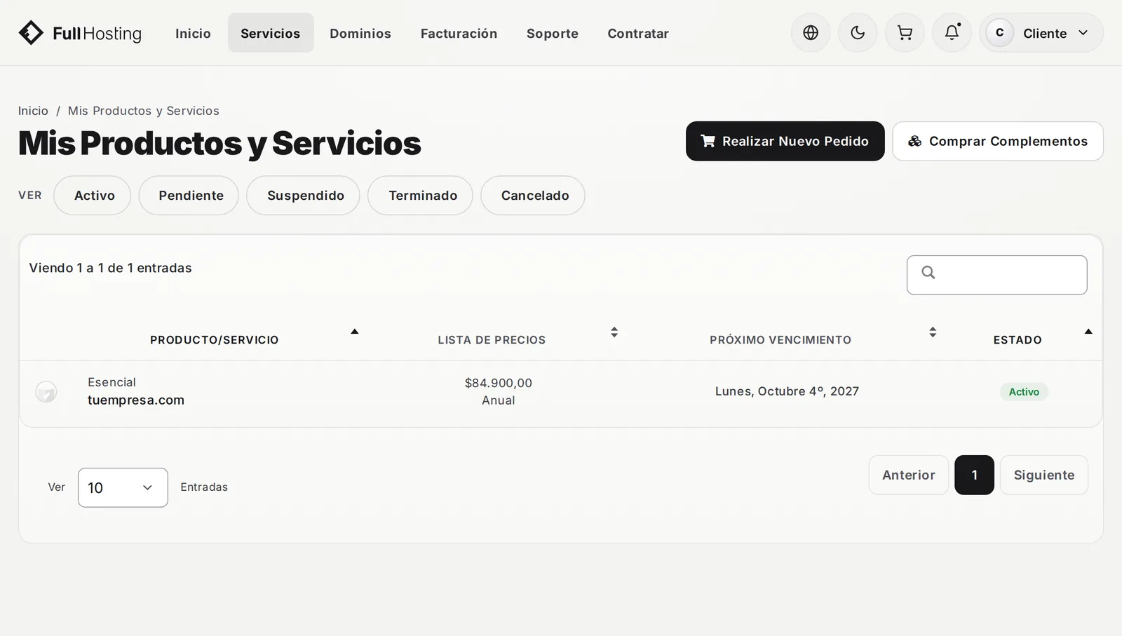 Lista Mis Productos y Servicios con un plan de hosting activo