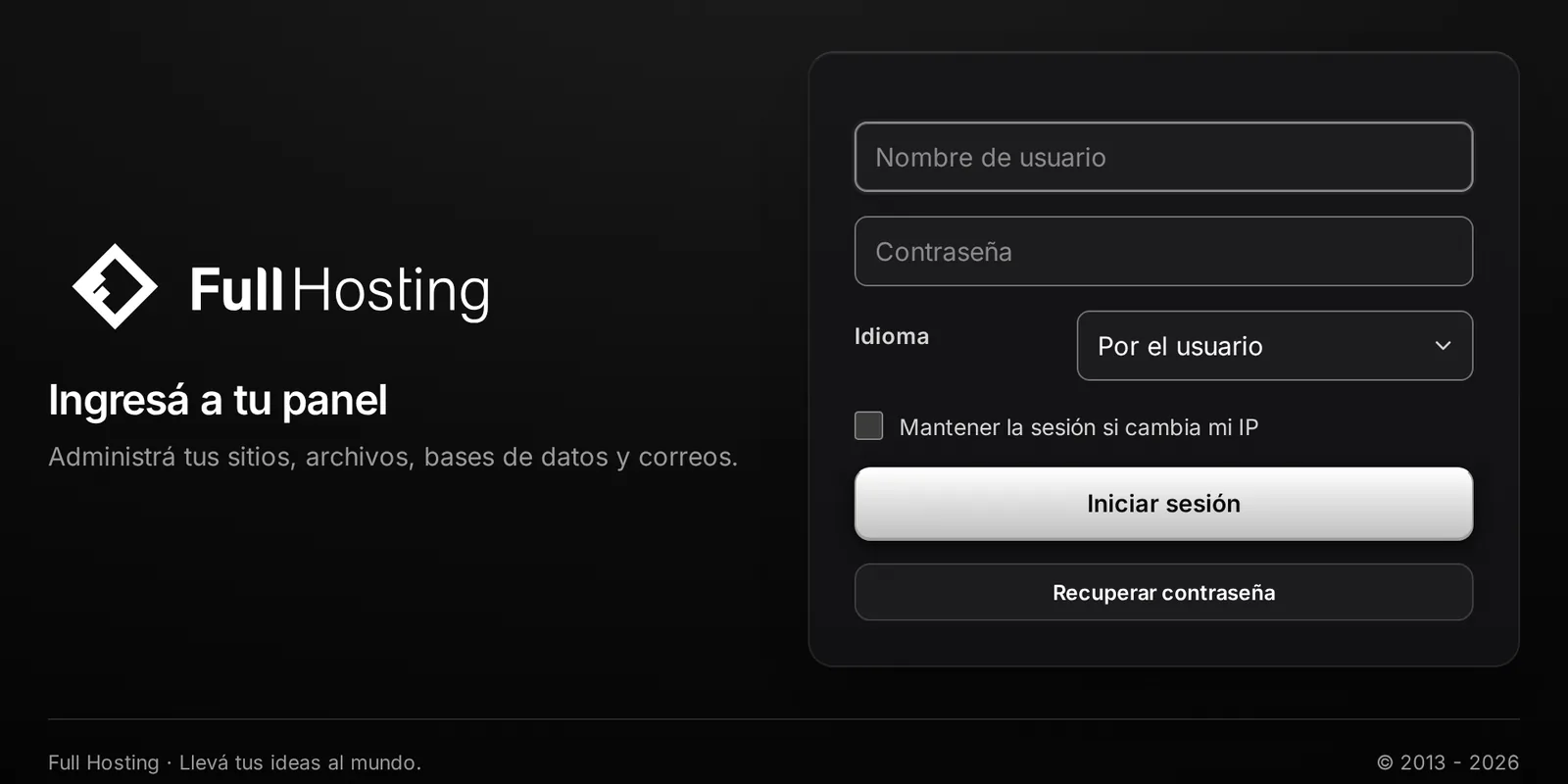 Pantalla de ingreso del panel de control con Nombre de usuario, Contraseña e Iniciar sesión