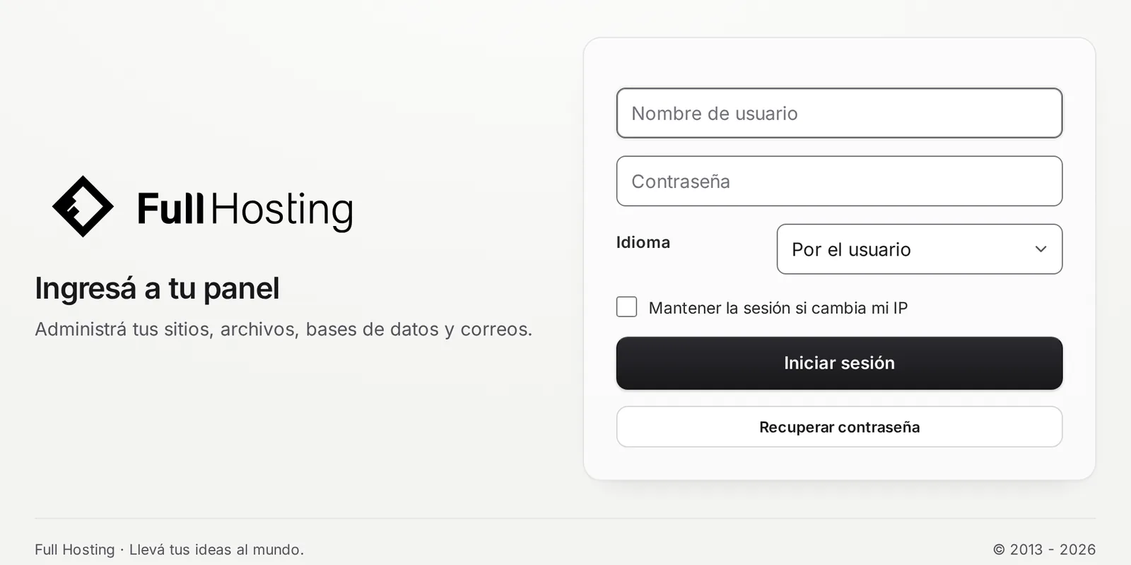Pantalla de ingreso del panel de control con Nombre de usuario, Contraseña e Iniciar sesión