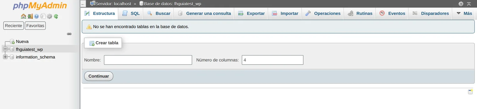 phpMyAdmin con la base elegida a la izquierda y las pestañas Exportar e Importar arriba