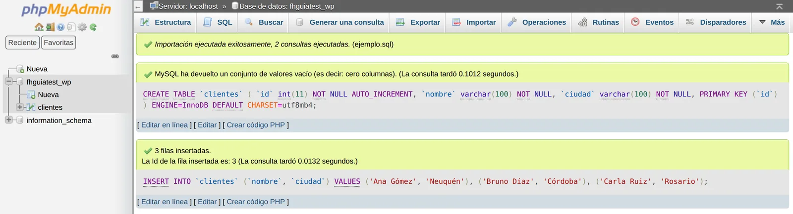 Mensaje Importación ejecutada exitosamente y la tabla nueva en el árbol de la izquierda