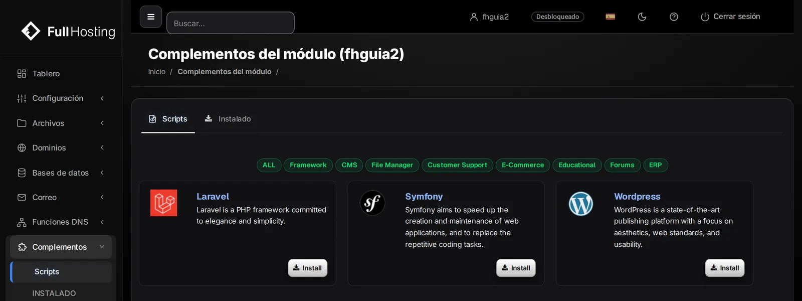 Página Scripts con la tarjeta Wordpress y su botón Install