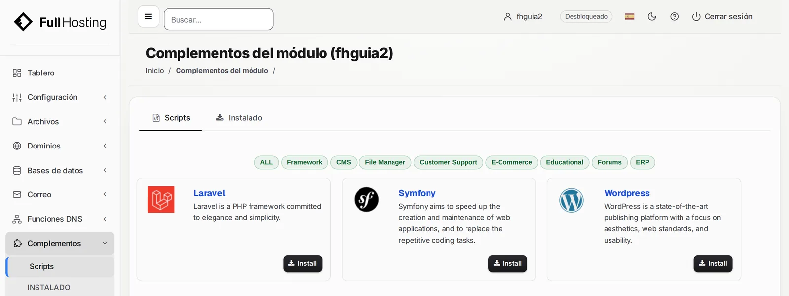 Página Scripts con la tarjeta Wordpress y su botón Install