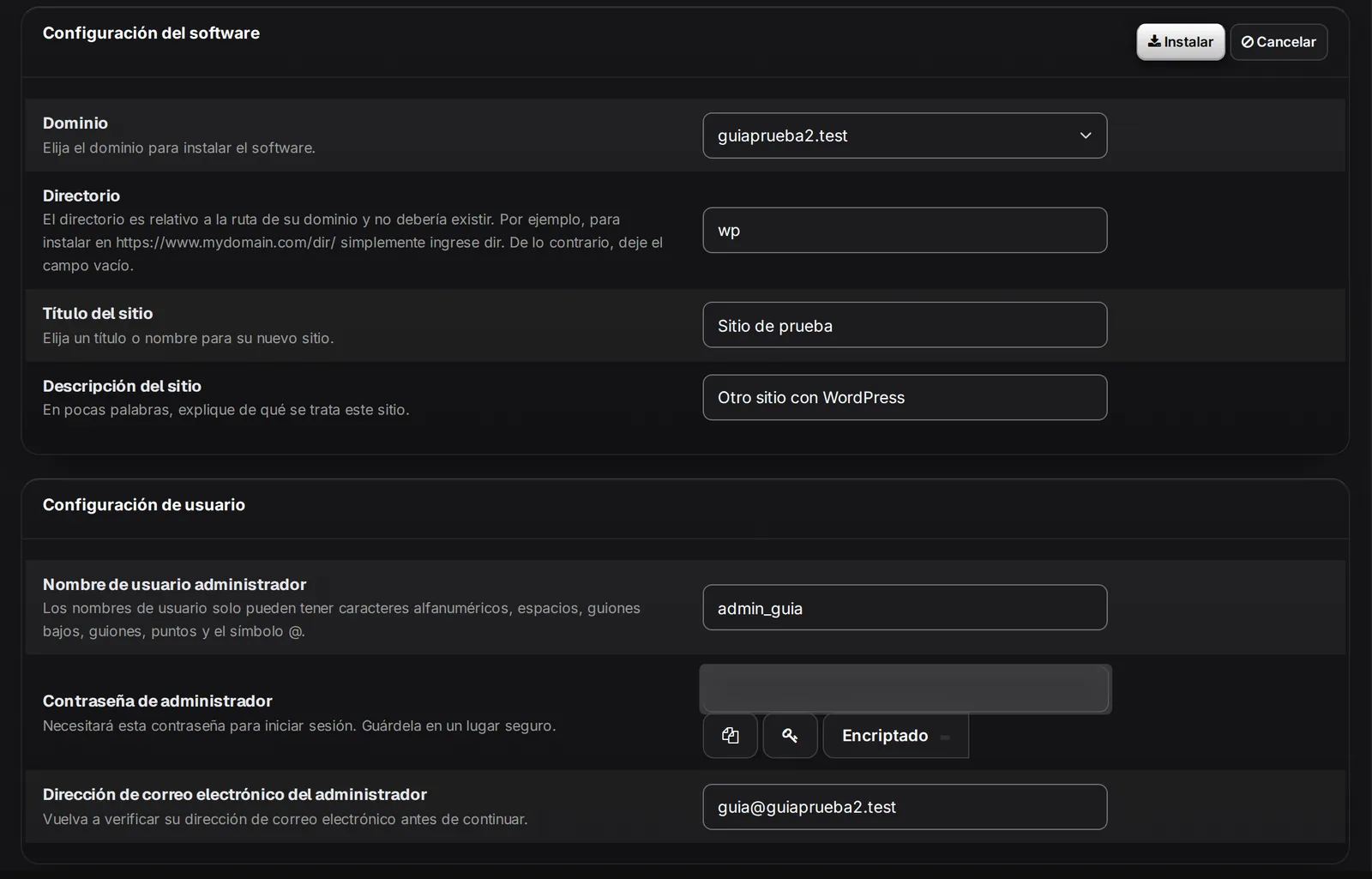 Formulario de WordPress con Dominio, Directorio, Título del sitio y los datos del administrador