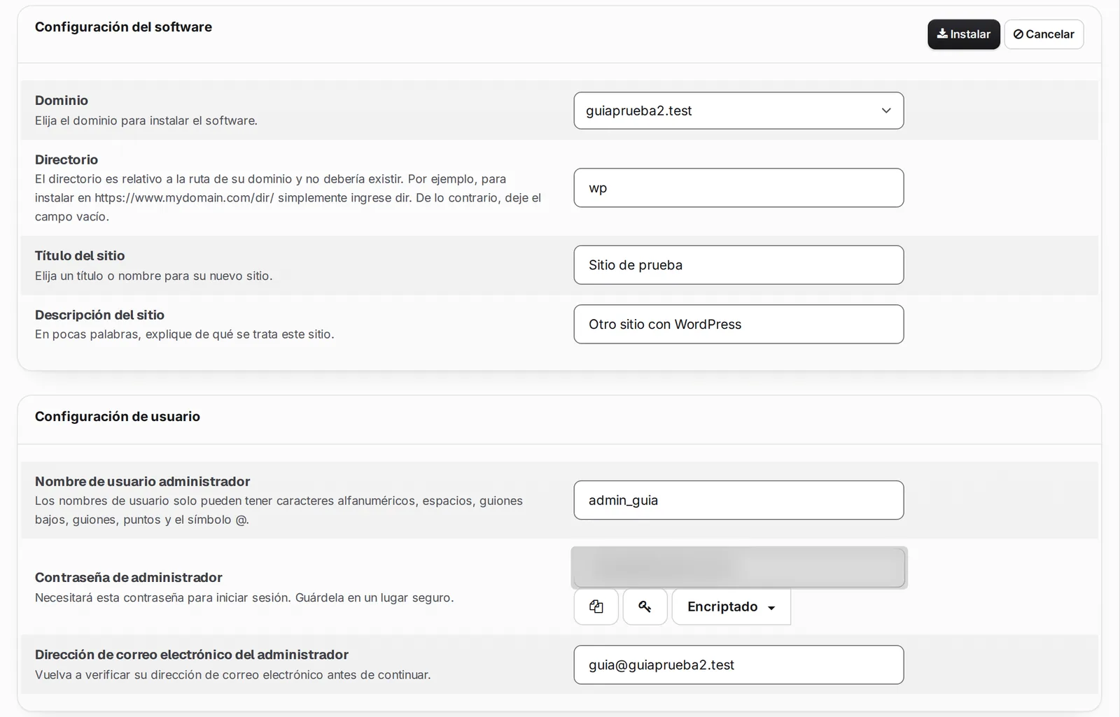 Formulario de WordPress con Dominio, Directorio, Título del sitio y los datos del administrador