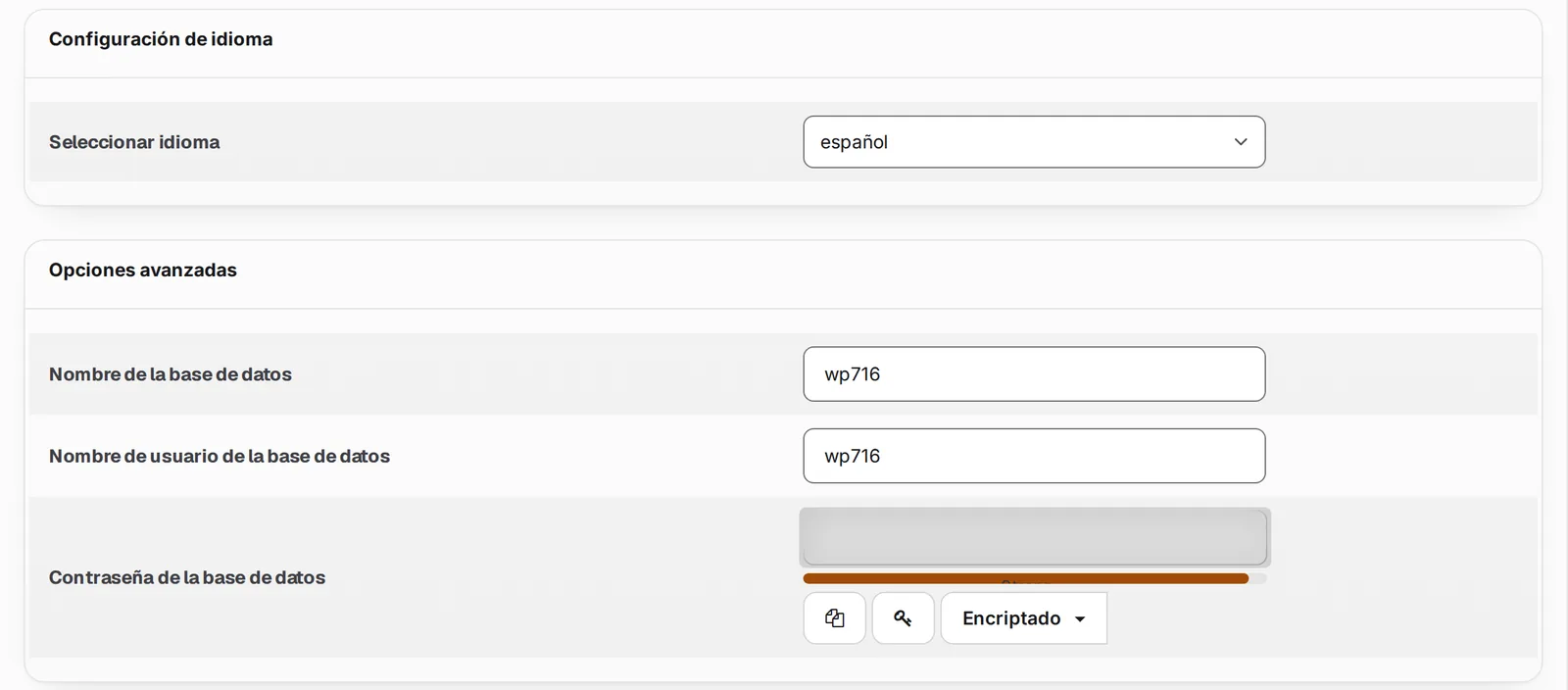 Secciones Configuración de idioma con español y Opciones avanzadas con los datos de la base