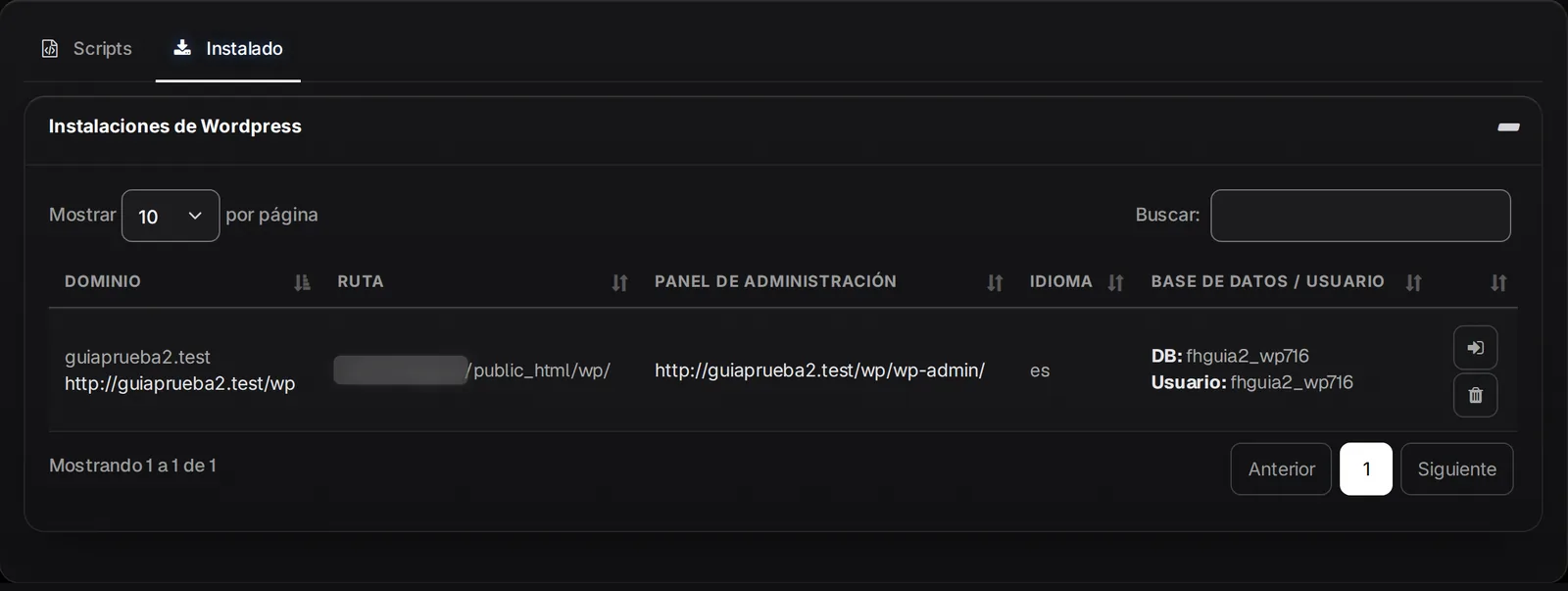 Pestaña Instalado con la instalación de WordPress, su dirección y su base de datos