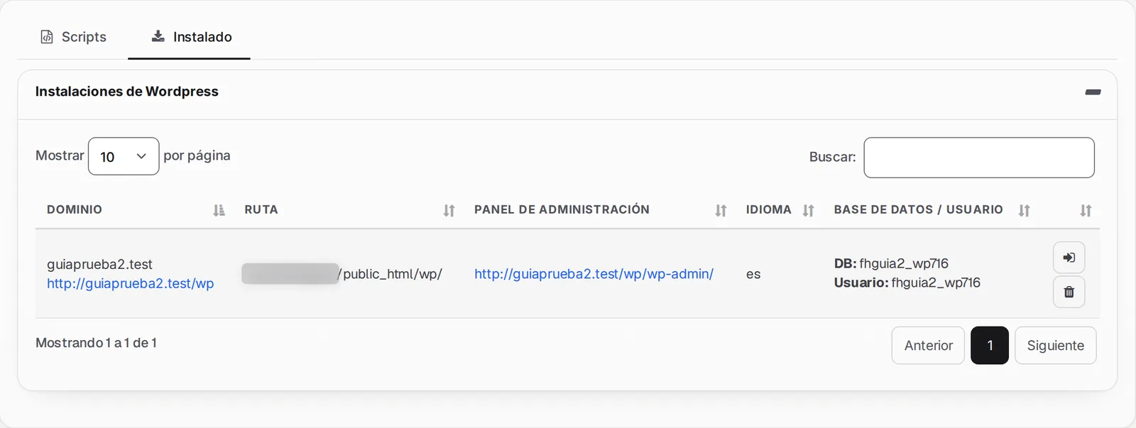 Pestaña Instalado con la instalación de WordPress, su dirección y su base de datos