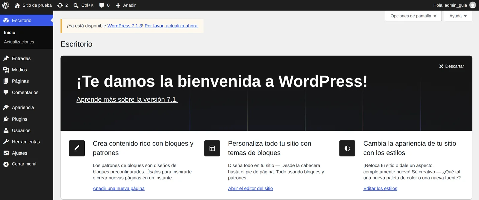 Escritorio de WordPress recién instalado, en español