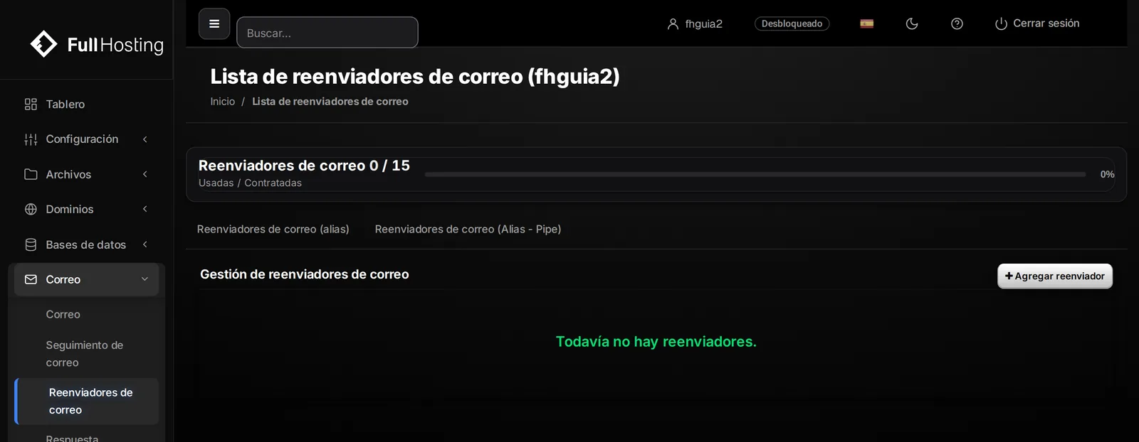 Página Lista de reenviadores de correo con el botón Agregar reenviador