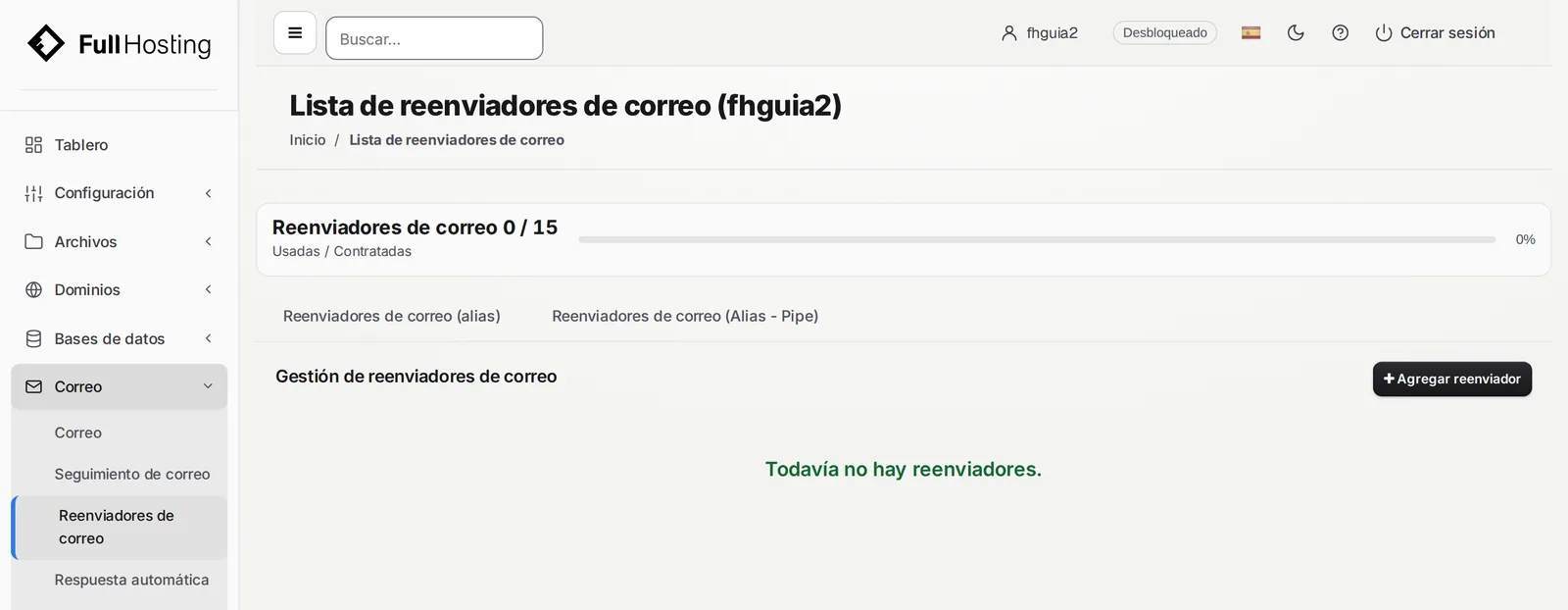 Página Lista de reenviadores de correo con el botón Agregar reenviador